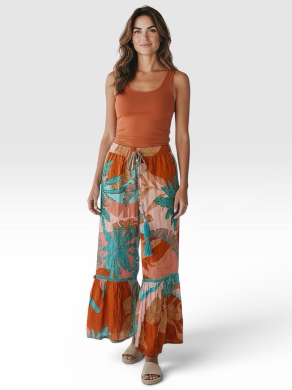 True Destinations Resortwear Wide Leg Tropical Print Rayon Pants Size XS
